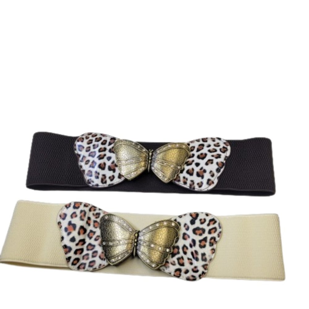 Butterfly Buckle Stretch Belt Animal Print Antique Gold Tone Buckle Brown Cream